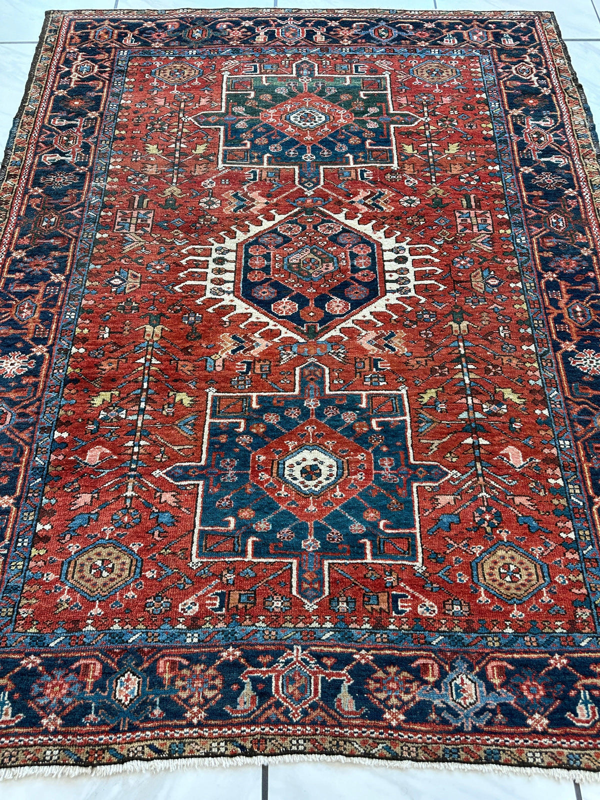 Antique Persian Heriz Rug 5x6 | Rust, Navy & Ivory | Hand-Knotted Wool - Rugistan, view 10
