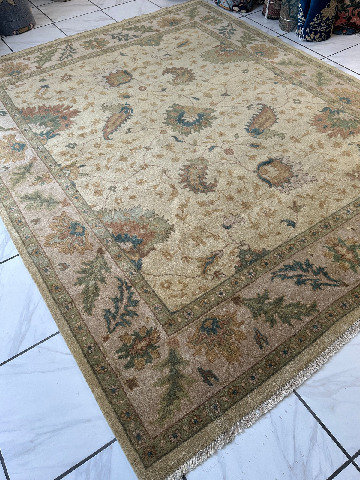 Indian Oushak Rug 8x10 | Beige, Ivory & Green | Hand-Knotted Wool - Rugistan, view 3