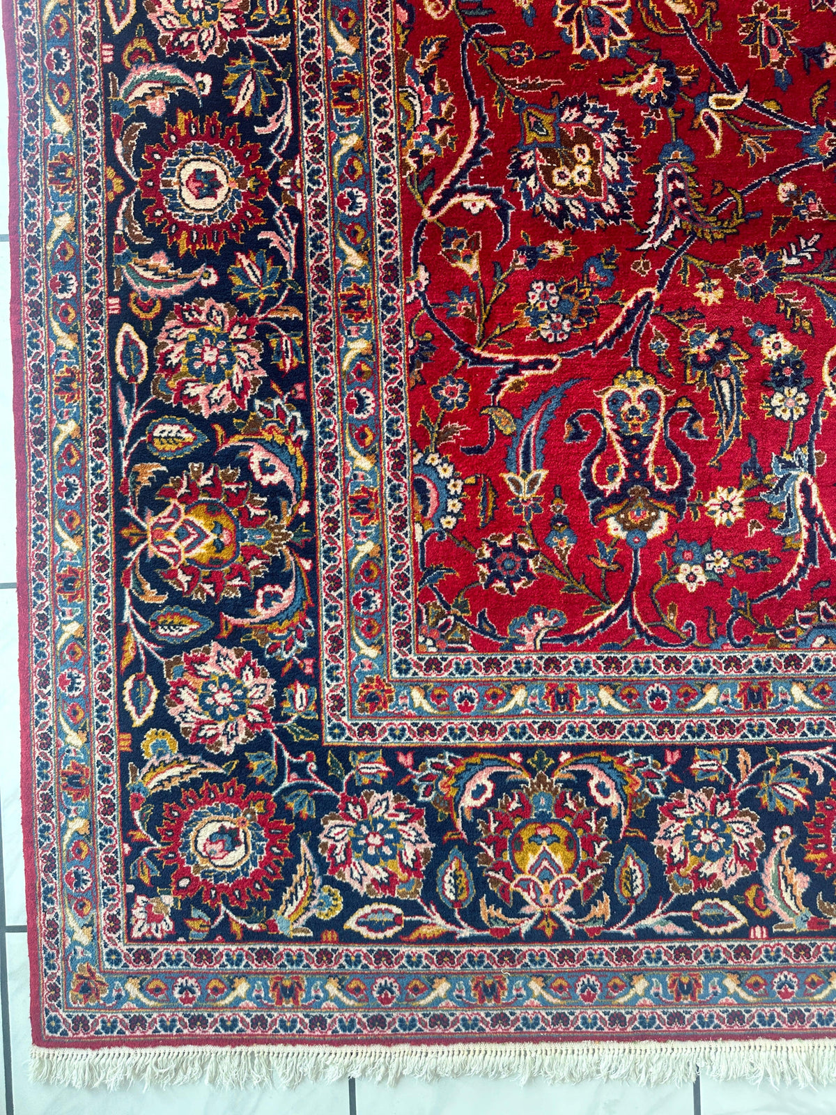 Persian Kashan Rug 10x14 | Red, Navy & Ivory | Hand-Knotted Wool - Rugistan, view 8