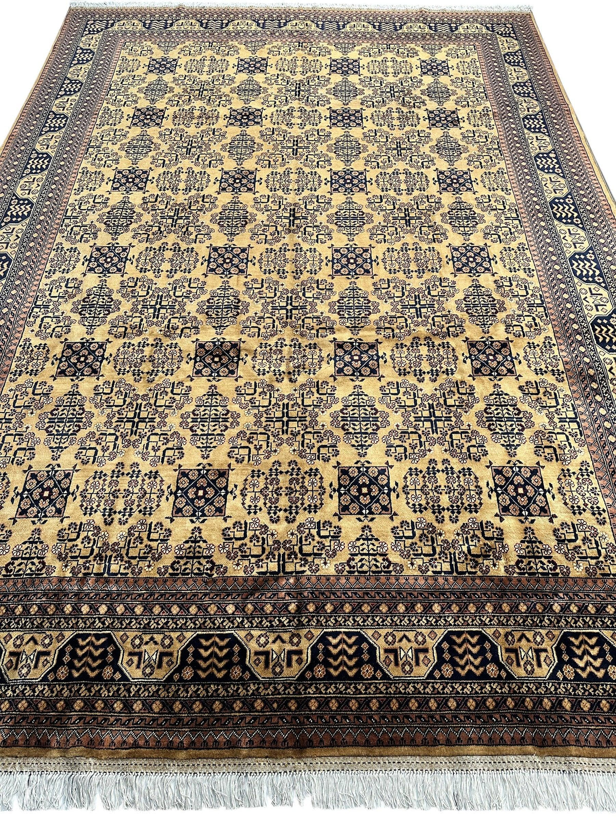 Afghan Turkmen Rug 8x12 | Gold, Navy & Ivory | Hand-Knotted Wool - Rugistan, view 3