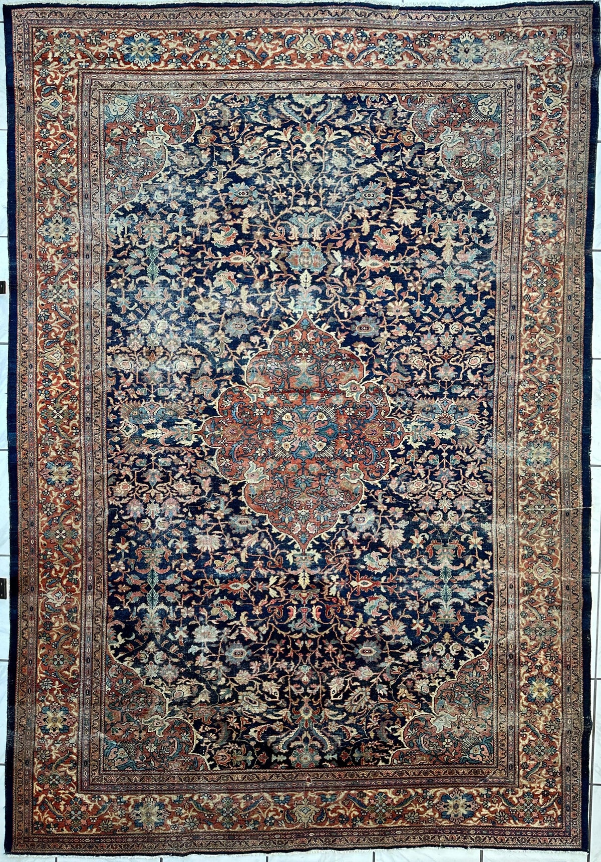 Antique Persian Mahal Rug 8x12 | Navy, Rust & Light Blue | Hand-Knotted Wool - Rugistan