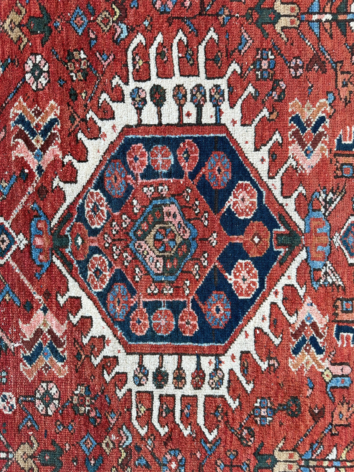 Antique Persian Heriz Rug 5x6 | Rust, Navy & Ivory | Hand-Knotted Wool - Rugistan, view 7