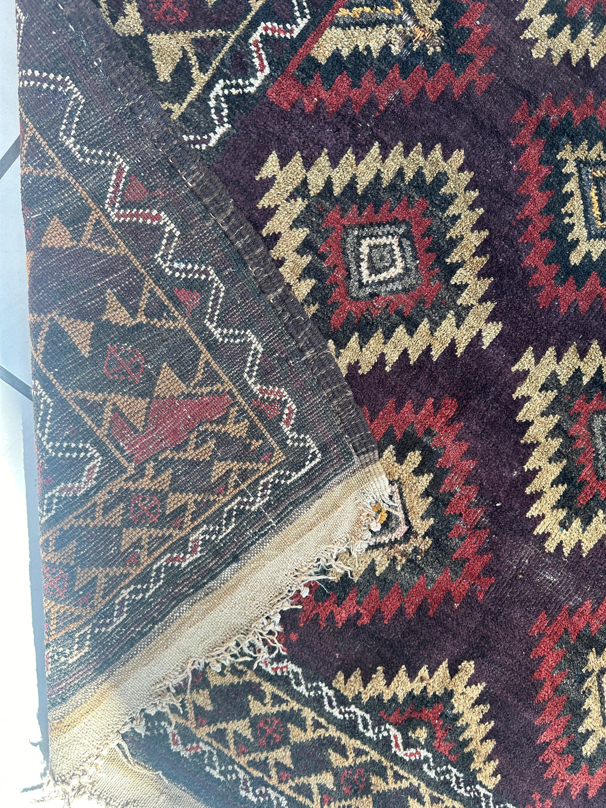 Antique Afghan Baluch Rug 4x9 | Navy, Burgundy & Ivory | Hand-Knotted Wool - Rugistan, view 11