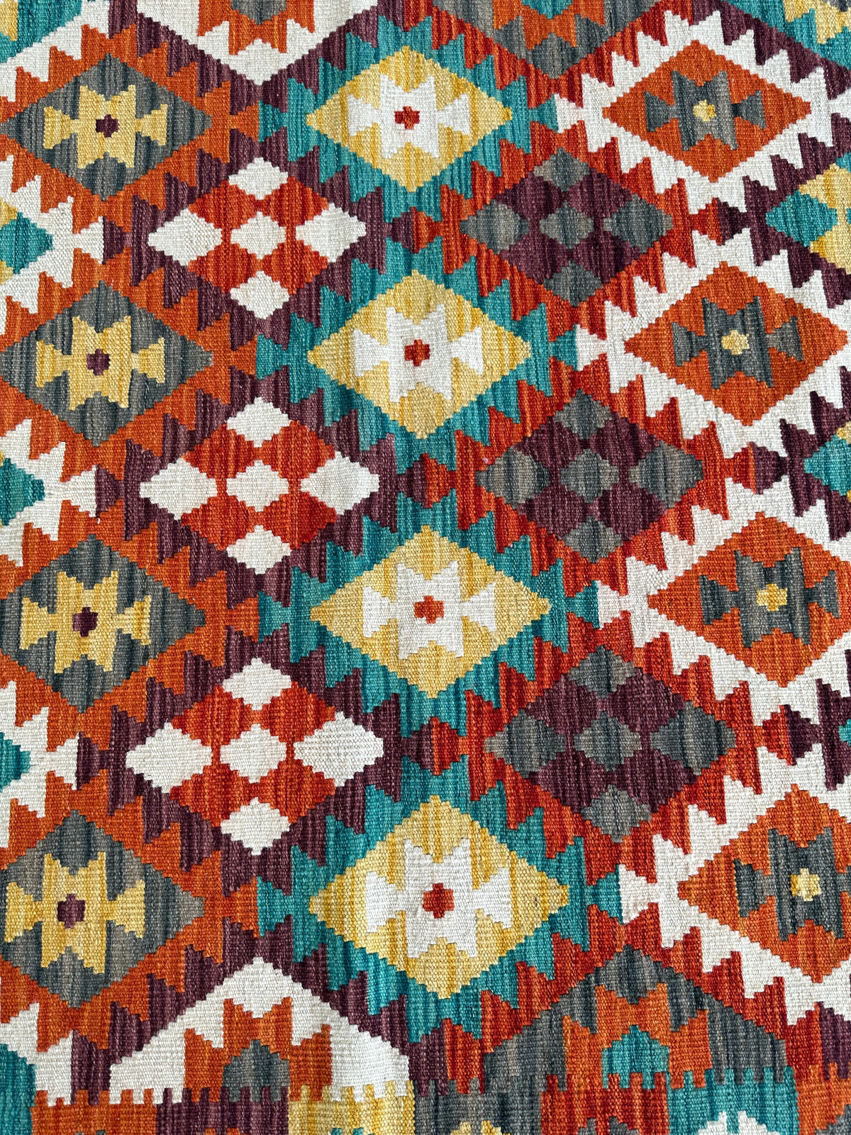 Afghan Kilim Rug 4x7 | Rust, Ivory & Teal | Hand-Woven Wool Flatweave - Rugistan, view 3