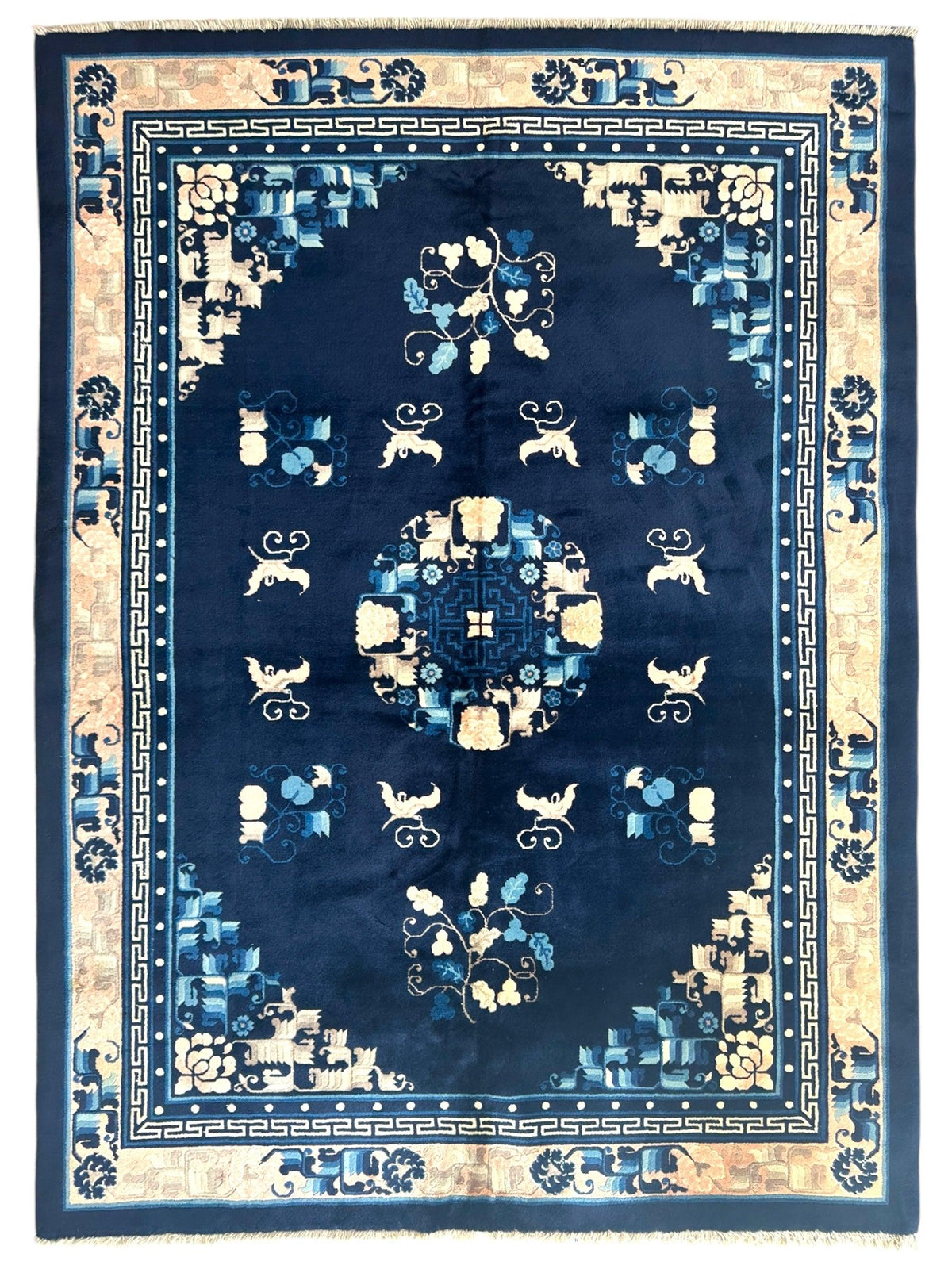 Antique Chinese Rug 6x8 | Navy, Beige & Ivory | Hand-Knotted Wool - Rugistan