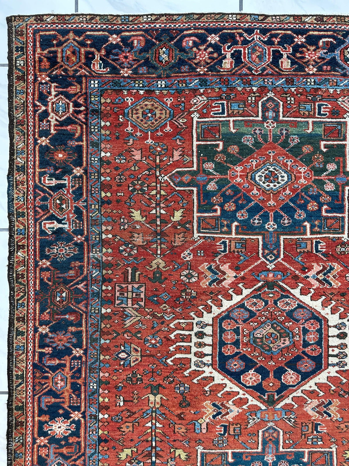 Antique Persian Heriz Rug 5x6 | Rust, Navy & Ivory | Hand-Knotted Wool - Rugistan, view 13