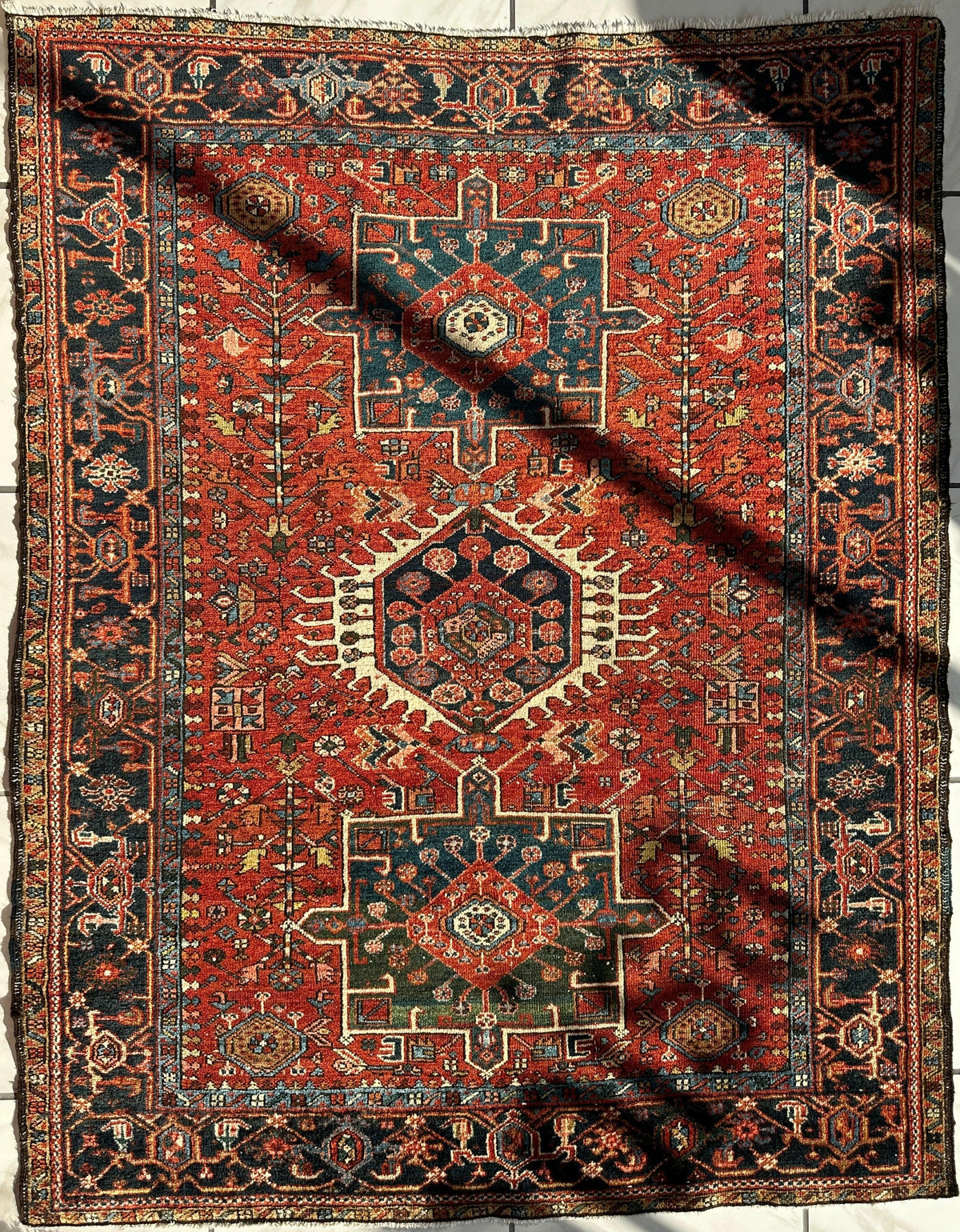 Antique Persian Heriz Rug 5x6 | Rust, Navy & Ivory | Hand-Knotted Wool - Rugistan, view 4