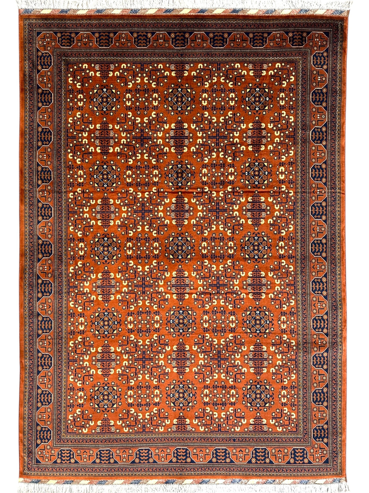 Afghan Turkmen Rug 7x10 | Orange, Navy & Ivory | Hand-Knotted Wool - Rugistan