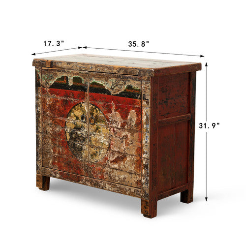 Antique sideboard with 2 doors 35.8x17.3x31.9H original polychromy image 2