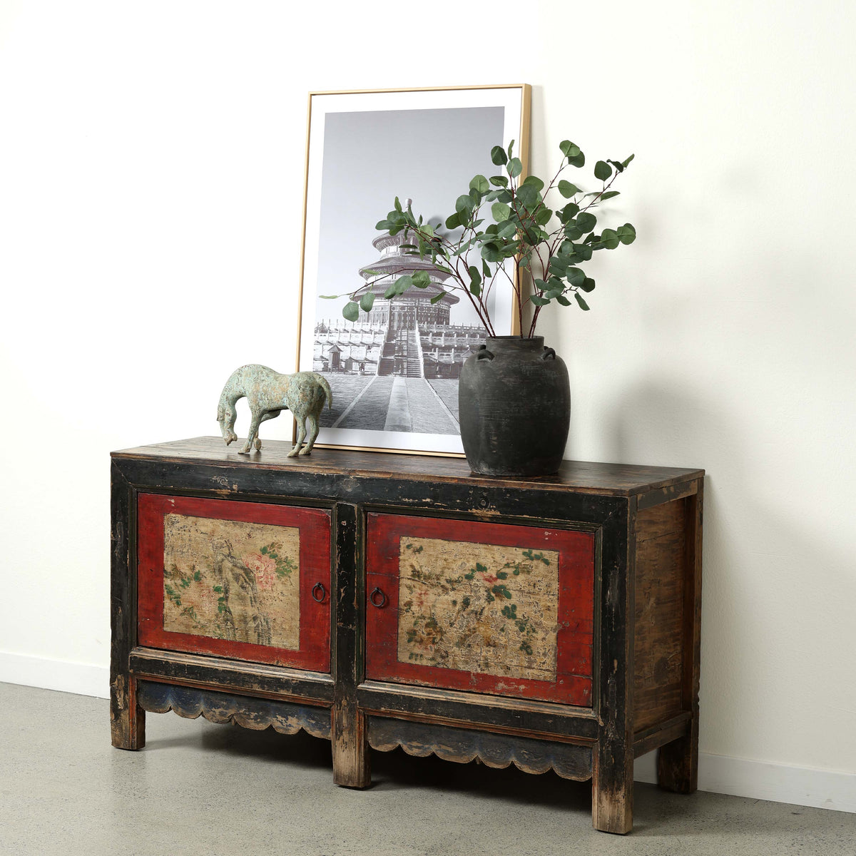 Antique sideboard with 2 doors 63.4x17.7x33.5H original polychromy