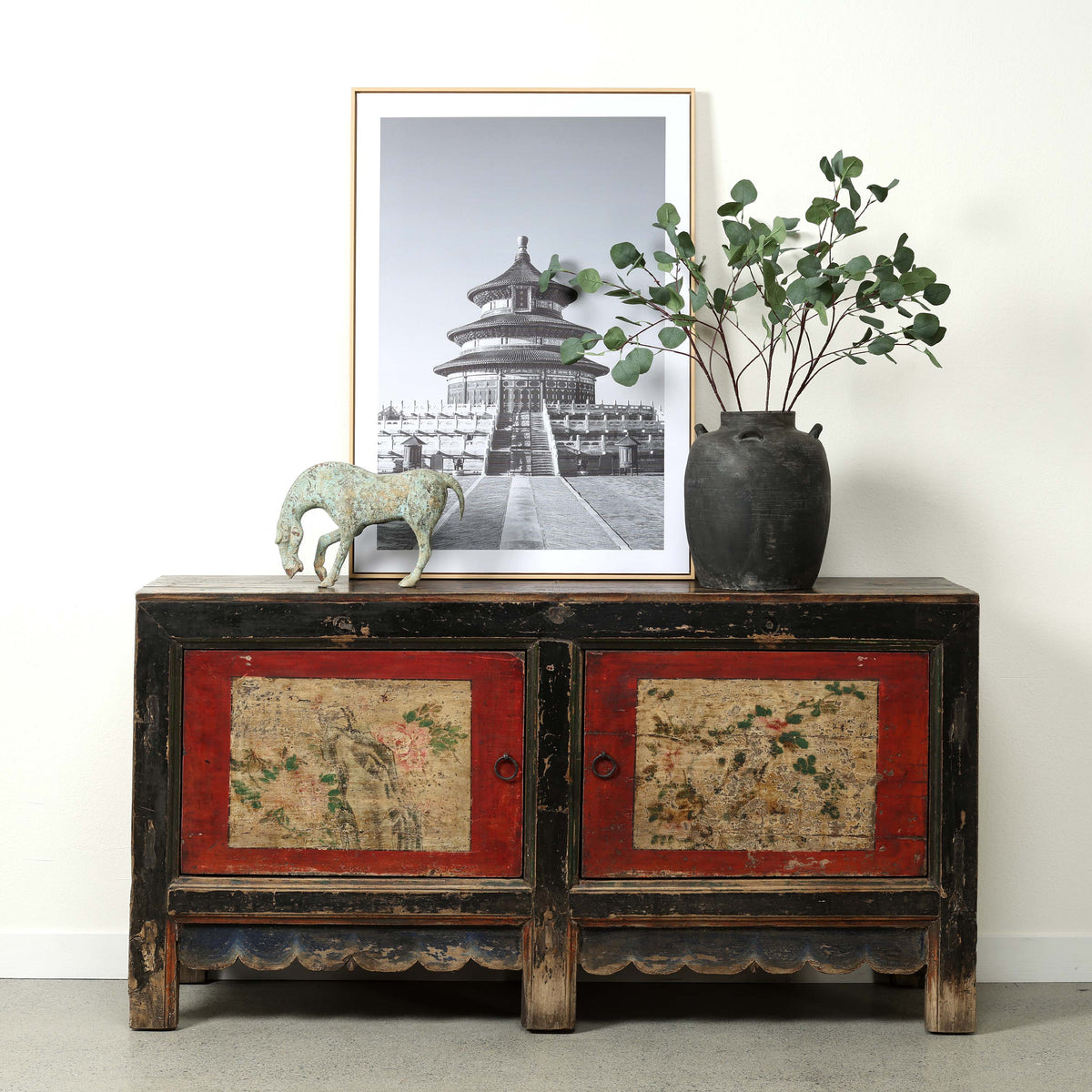 Antique sideboard with 2 doors 63.4x17.7x33.5H original polychromy