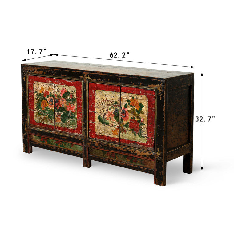 Antique sideboard with 2 doors 62.2x17.7x32.7H original polychromy image 3