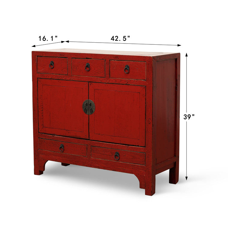 Antique Elmwood Sideboard 42.5x16.1x39H with Red Lacquer image 3