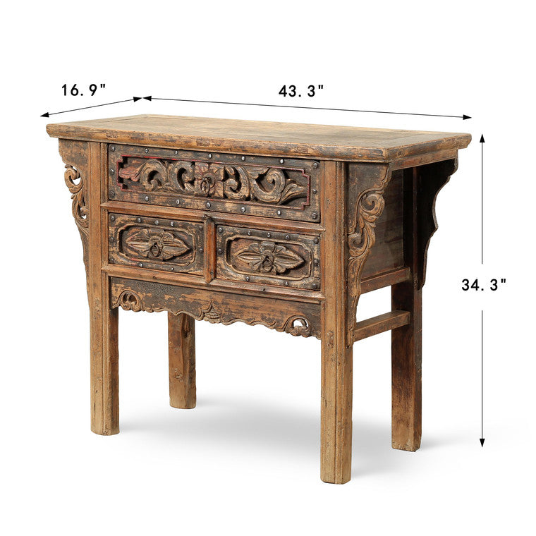 Antique entrance table with 3 drawers 43.3x16.9x34.3H Elmwood image 3