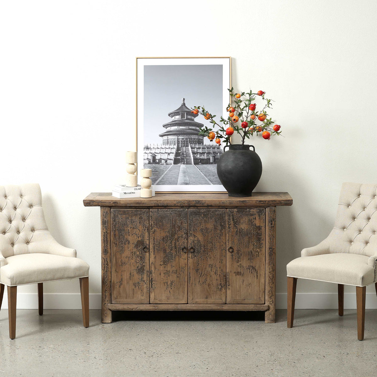 Vintage Sideboard with 4 Doors Distressed Black 57.5"x18.1"x34.6"H