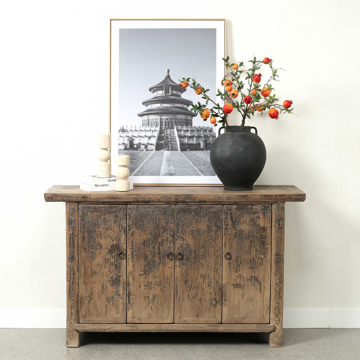 Vintage Sideboard with 4 Doors Distressed Black 57.5"x18.1"x34.6"H