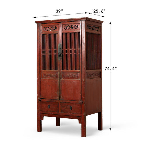 Antique Red Lacquer Lattice Door Cabinet 39"x25.6"x74.4"H image 2