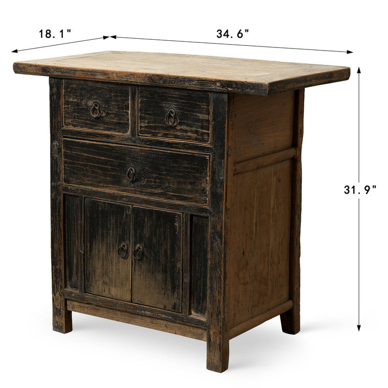 Antique Entrance Cabinet with 3 Drawers & 2 Doors Distressed Black 34.6"x18.1"x31.9"H Elm Wood image 3