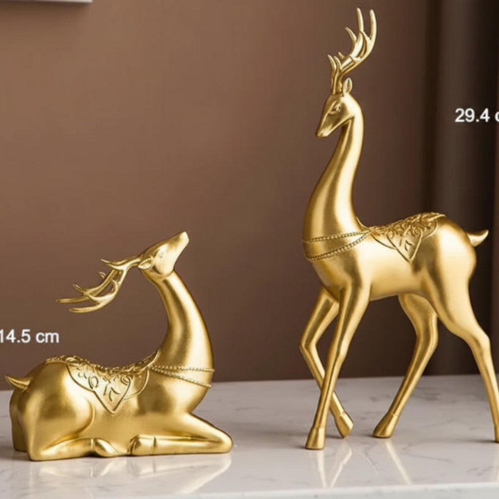 Golden Deer Figurine Set with Crystal Floral Accents