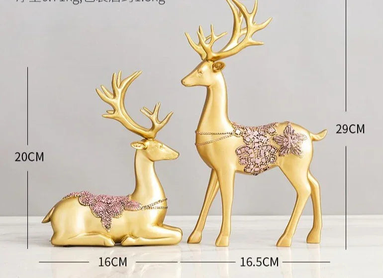 Golden Deer Figurine Set with Crystal Floral Accents