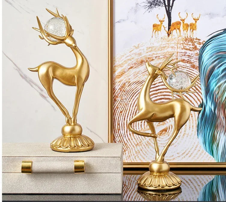 Golden Deer Figurine Set with Crystal Floral Accents