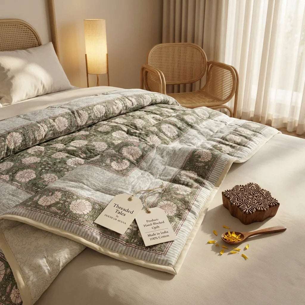 Forest Green Floral Jaipur Indian Hand Block Print Quilted Comforter — House of Avana, view 2 of 6