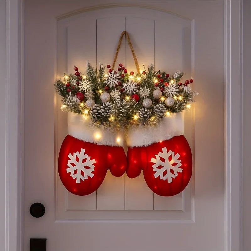 Handmade Mitten Wreath - Red Faux Fur Trim with Golden Accents & Snowflake Design