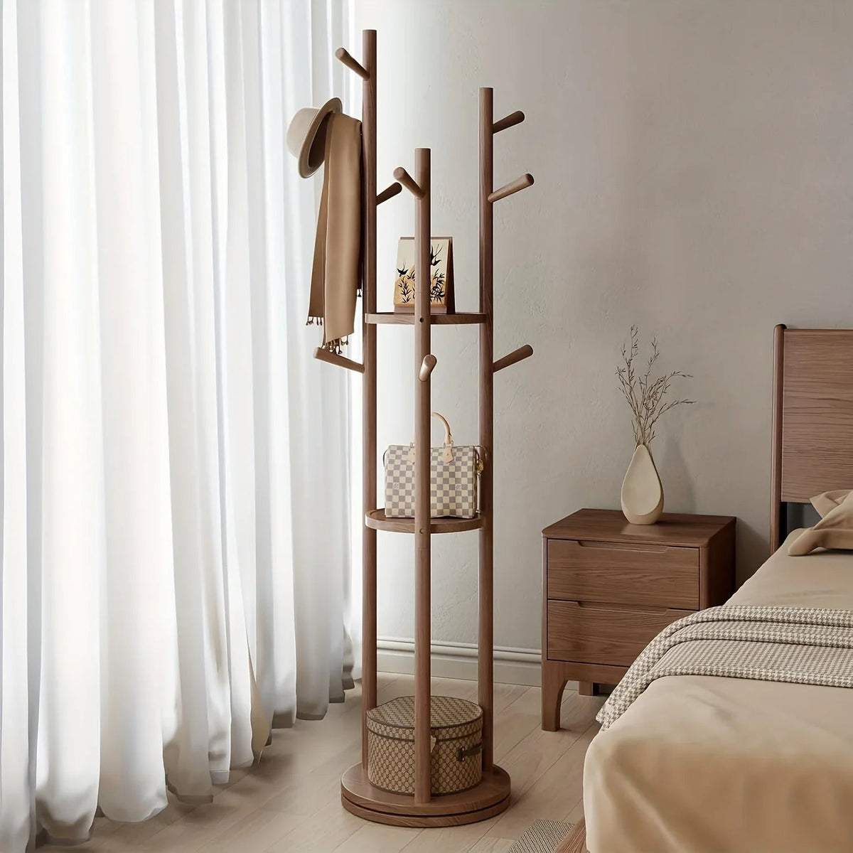 Heavy-Duty Freestanding Clothes Rack with 3-Tier Shelves & 9 Hooks - No Assembly Needed, Space-Saving Organizer Stand for Entryway, Bedroom, Office - Sturdy Hardwood Construction, Modern Minimalist Design for Coats, Hats, Bag