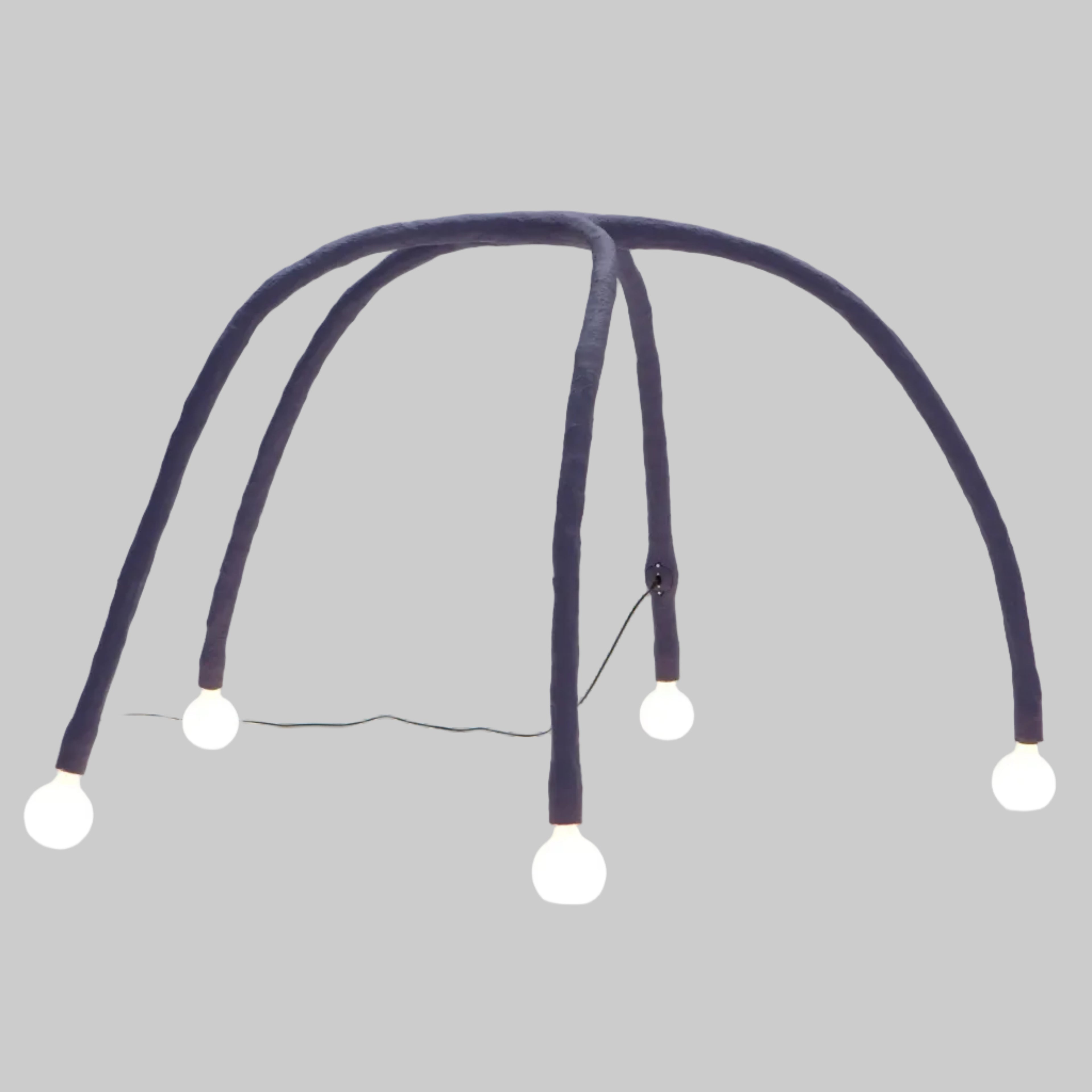 A modern sculptural floor lamp with five curved dark charcoal gray arms ending in glowing white globe bulbs, set against a seamless light gray background.