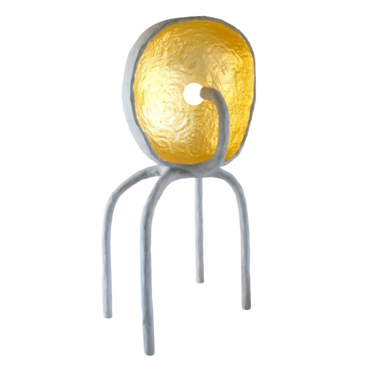 A sculptural floor lamp shaped like a stylized chair, featuring a textured metallic gold circular backrest and a matte gray curved frame with three legs, shown lit against a plain off-white background.
