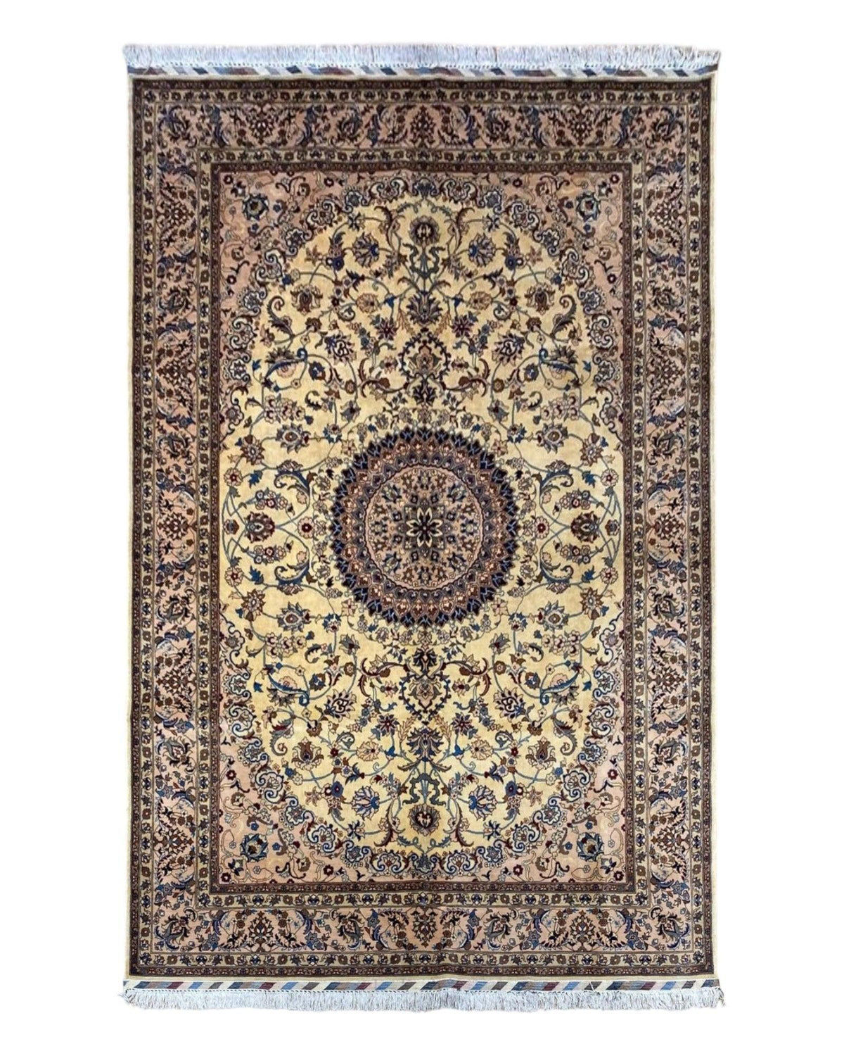 Afghan Nain Rug 7x10 | Beige, Brown & Navy | Hand-Knotted Belgian Wool - Rugistan