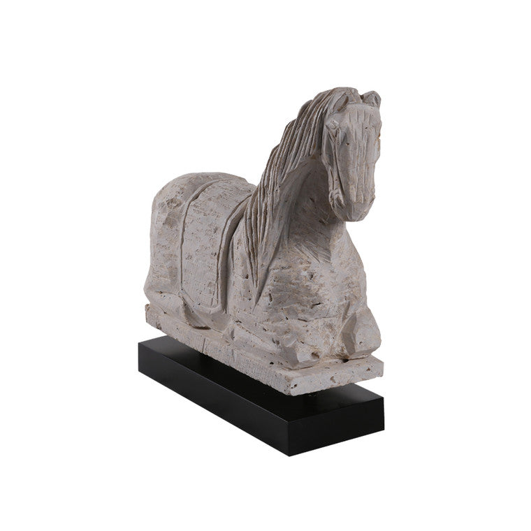 Travertine Horse Statue with Black Wooden Base 16x15x5H image 3