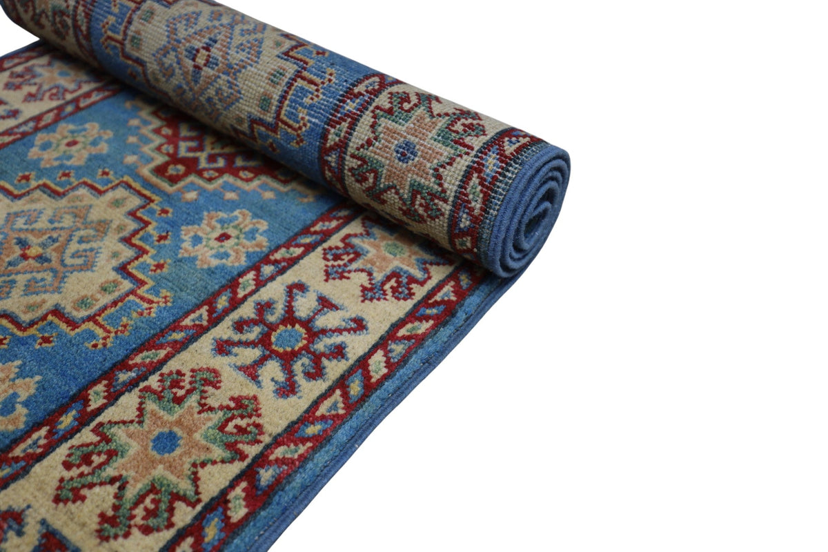 Afghan Kazak Runner 2x6 | Blue, Gold & Red | Hand-Knotted Wool - Rugistan, view 6