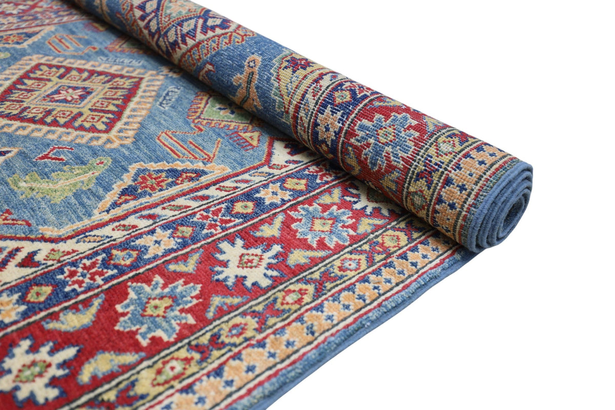 Afghan Kazak Medallion Rug 4x6 | Light Blue, Red, Ivory & Navy | Hand-Knotted Wool - Rugistan, view 5