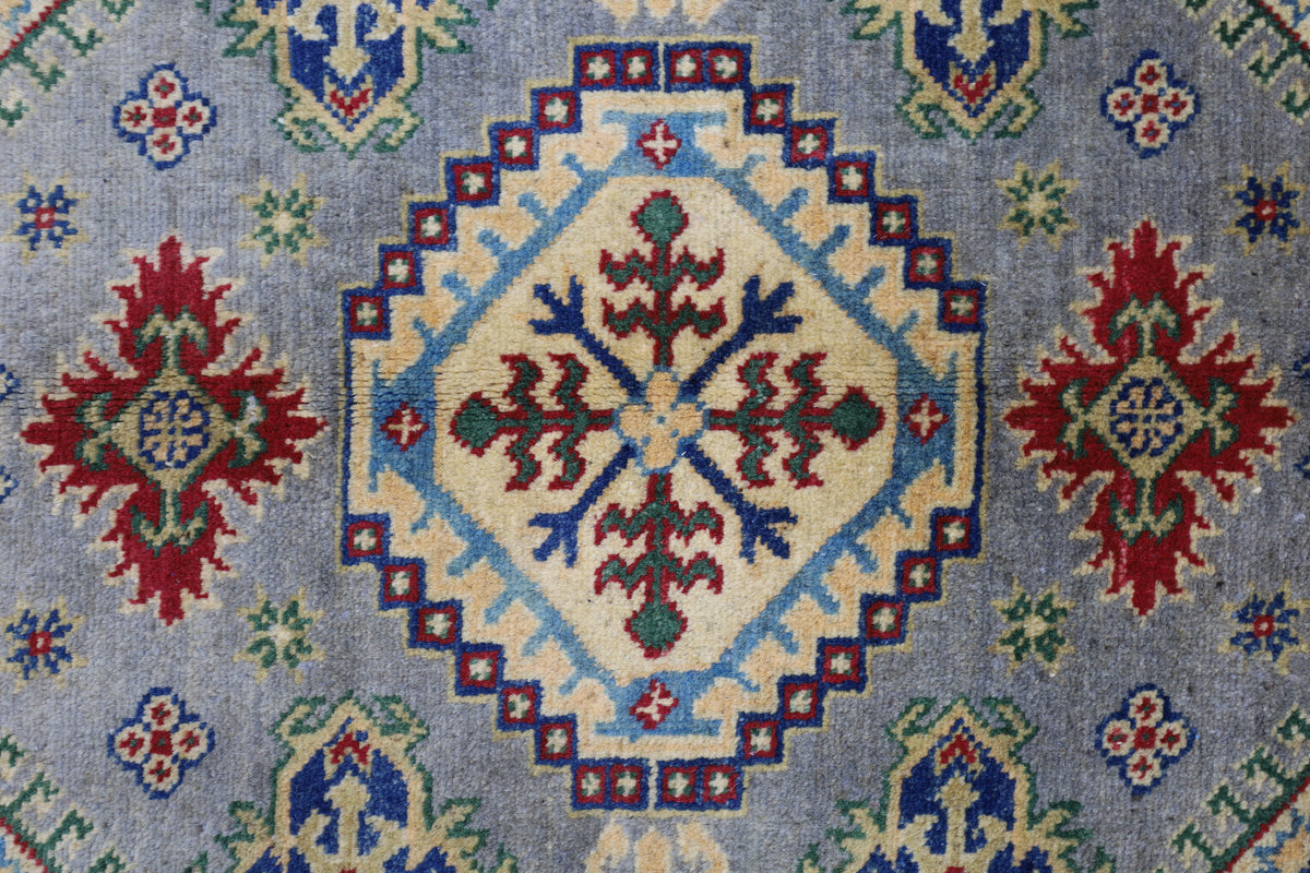 Afghan Kazak Medallion Rug 4x6 | Gray, Gold & Red | Hand-Knotted Wool - Rugistan, view 4