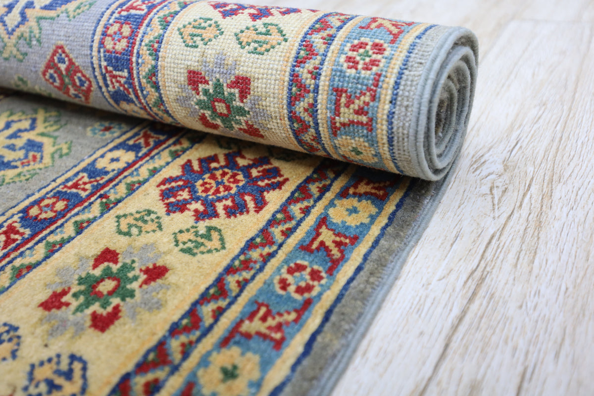 Afghan Kazak Medallion Rug 4x6 | Gray, Gold & Red | Hand-Knotted Wool - Rugistan, view 7
