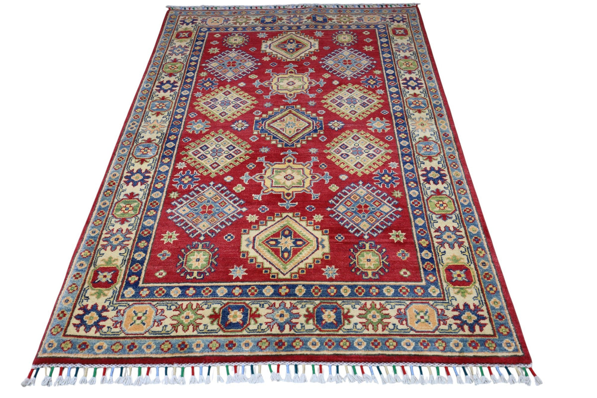 Afghan Kazak Medallion Rug 4x6 | Red, Gold & Ivory | Hand-Knotted Wool - Rugistan, view 2