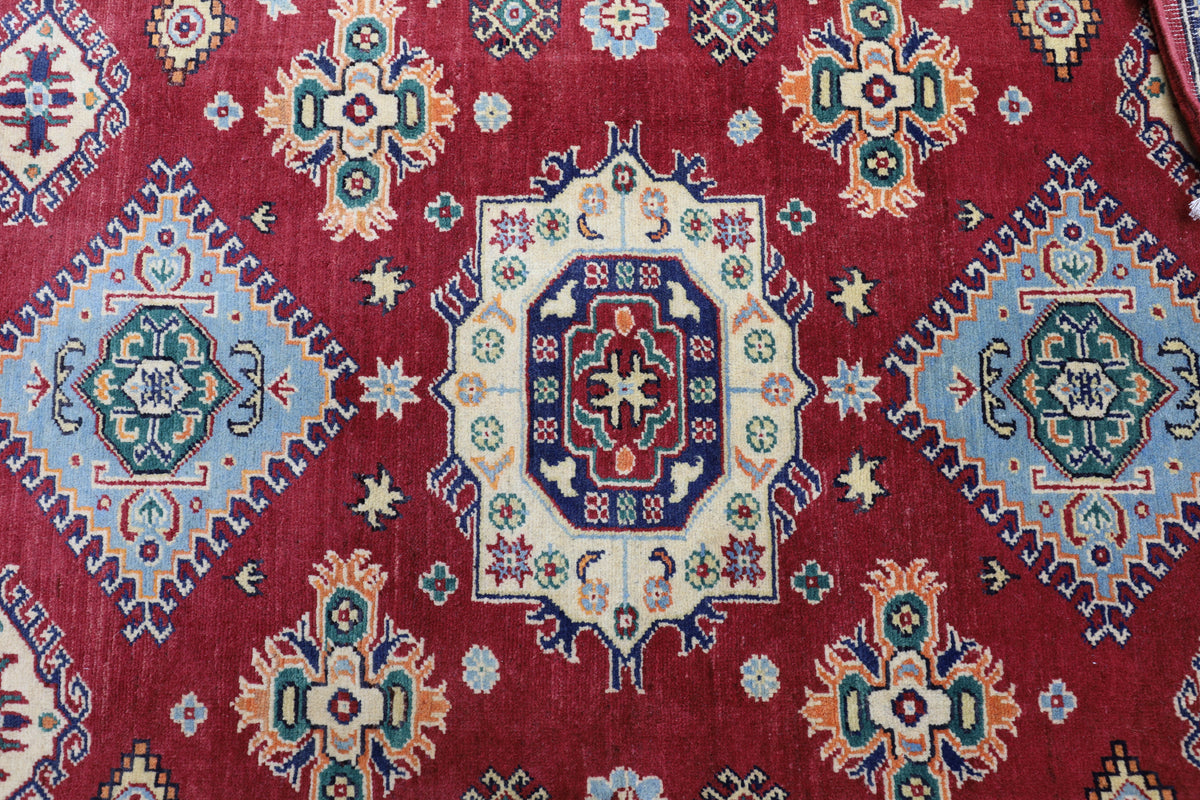 Afghan Kazak Medallion Rug 5x7 | Red, Ivory, Light Blue & Navy | Hand-Knotted Wool - Rugistan, view 4
