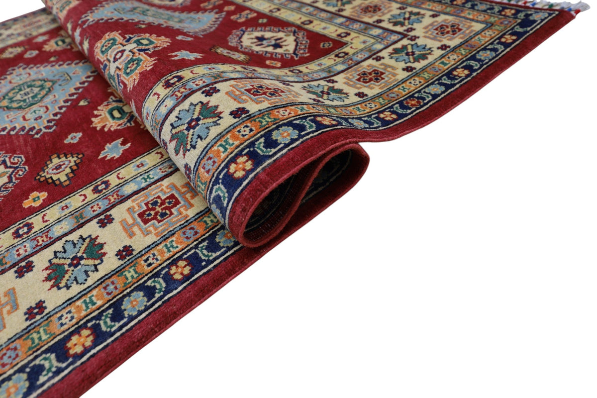 Afghan Kazak Medallion Rug 5x7 | Red, Ivory, Light Blue & Navy | Hand-Knotted Wool - Rugistan, view 5