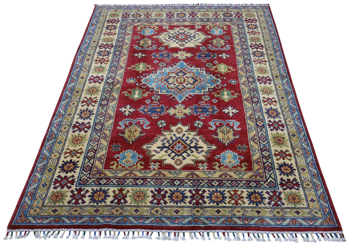 Afghan Kazak Medallion Rug 5x7 | Red, Gold & Ivory | Hand-Knotted Wool - Rugistan, view 3