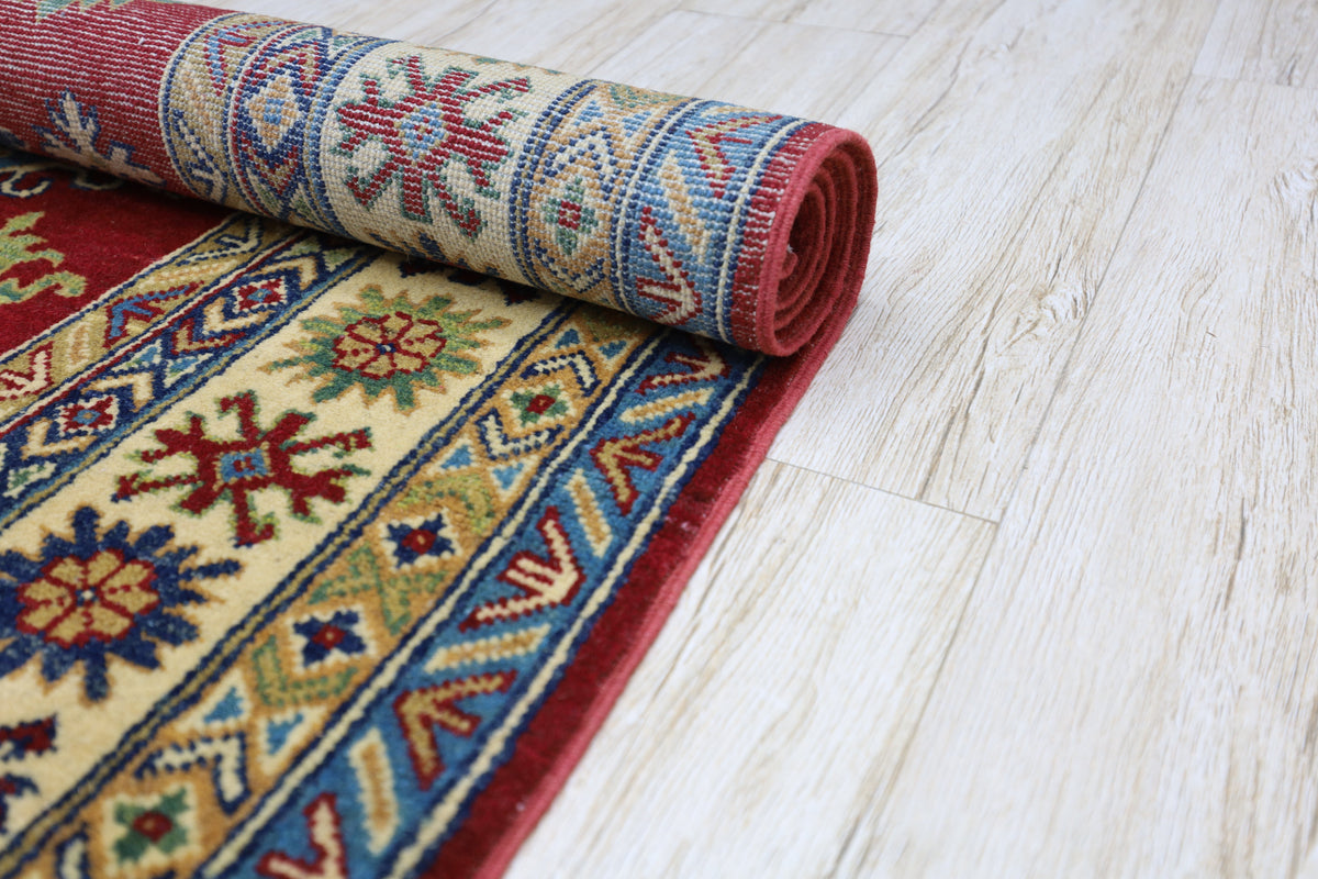 Afghan Kazak Medallion Rug 5x7 | Red, Gold & Ivory | Hand-Knotted Wool - Rugistan, view 7