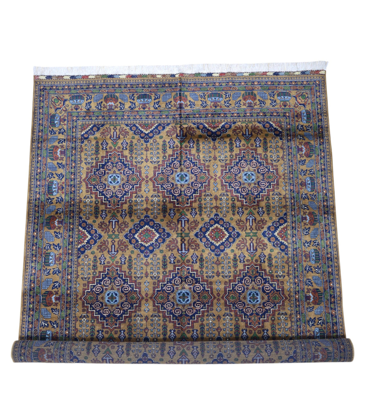 Afghan Rug 7x10 | Gold, Navy & Brown | Hand-Knotted Wool - Rugistan, view 5