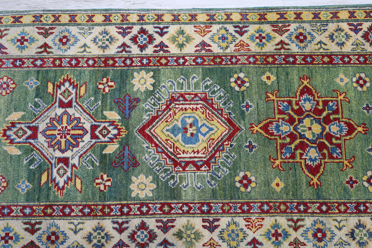 Afghan Kazak Runner 3x10 | Green, Gold & Red | Hand-Knotted Wool - Rugistan, view 4
