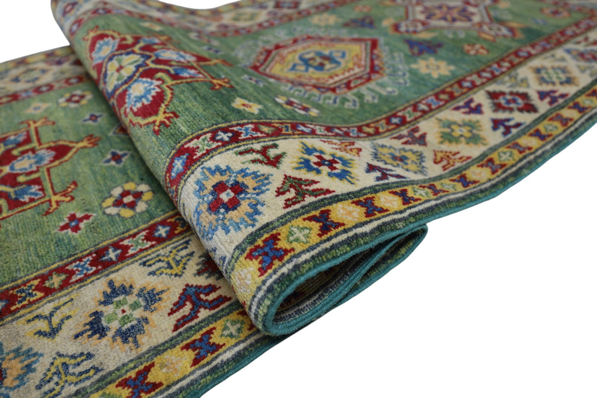 Afghan Kazak Runner 3x10 | Green, Gold & Red | Hand-Knotted Wool - Rugistan, view 5