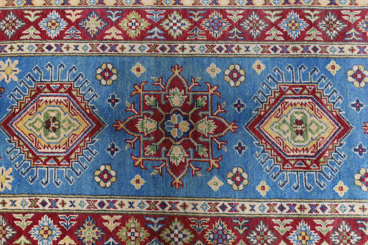 Afghan Kazak Medallion Runner 3x10 | Light Blue, Red, Gold & Ivory | Hand-Knotted Wool - Rugistan, view 4