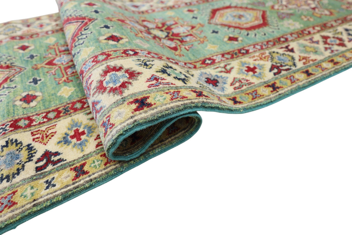 Afghan Kazak Runner 3x9 | Green, Ivory & Red | Hand-Knotted Wool - Rugistan, view 5