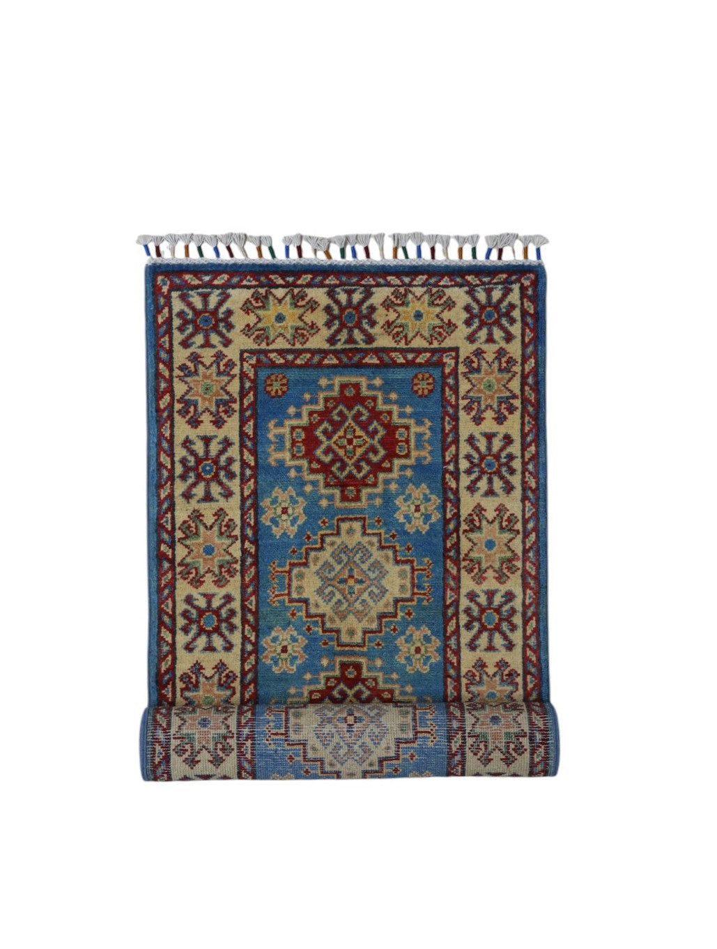 Afghan Kazak Runner 2x6 | Blue, Gold & Red | Hand-Knotted Wool - Rugistan, view 7