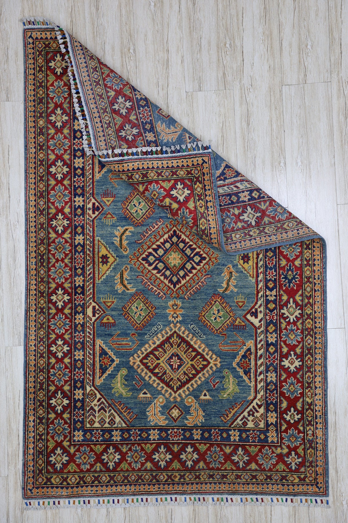 Afghan Kazak Medallion Rug 4x6 | Light Blue, Red, Ivory & Navy | Hand-Knotted Wool - Rugistan, view 8