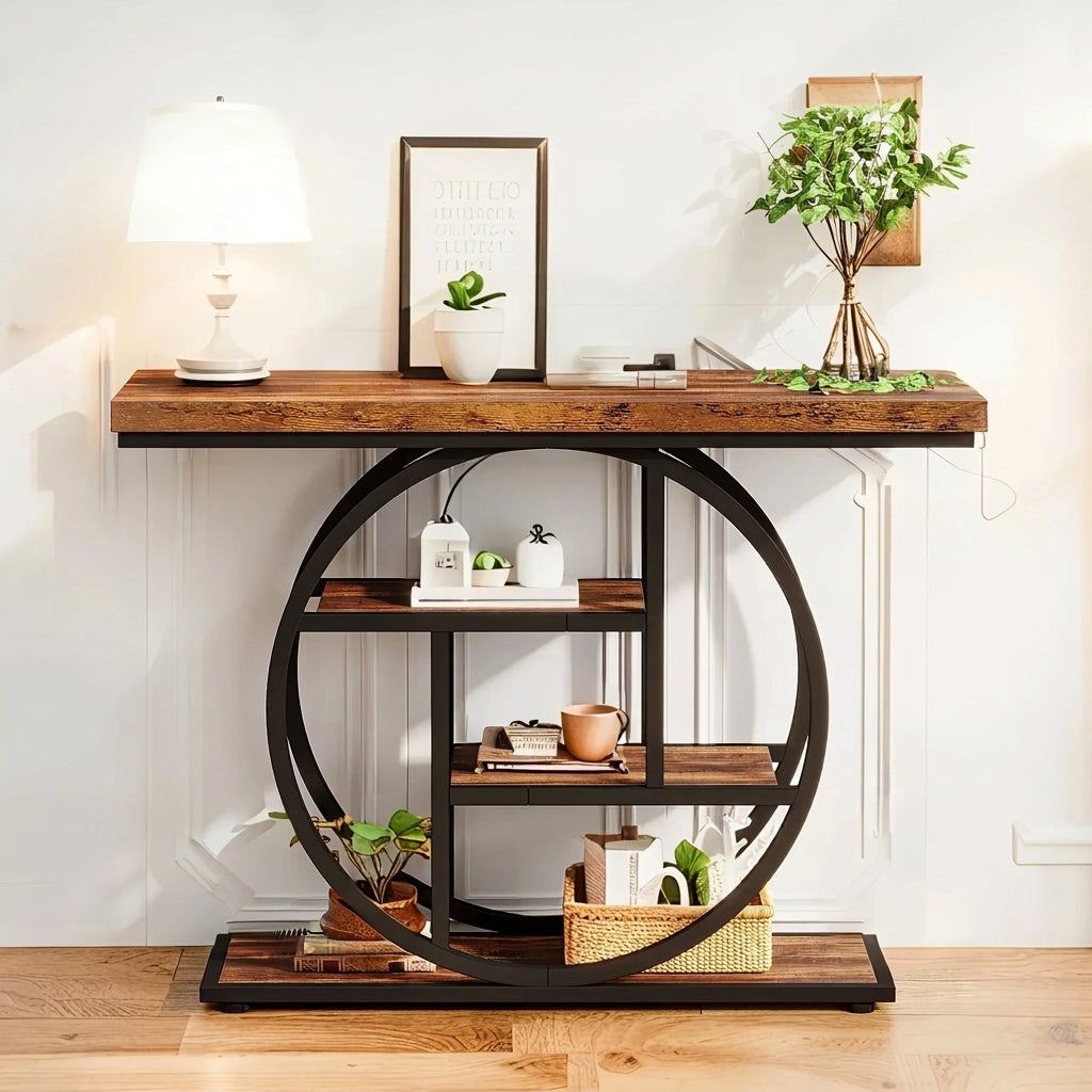 Industrial Console Table with 4-Tier Shelves and Round Base