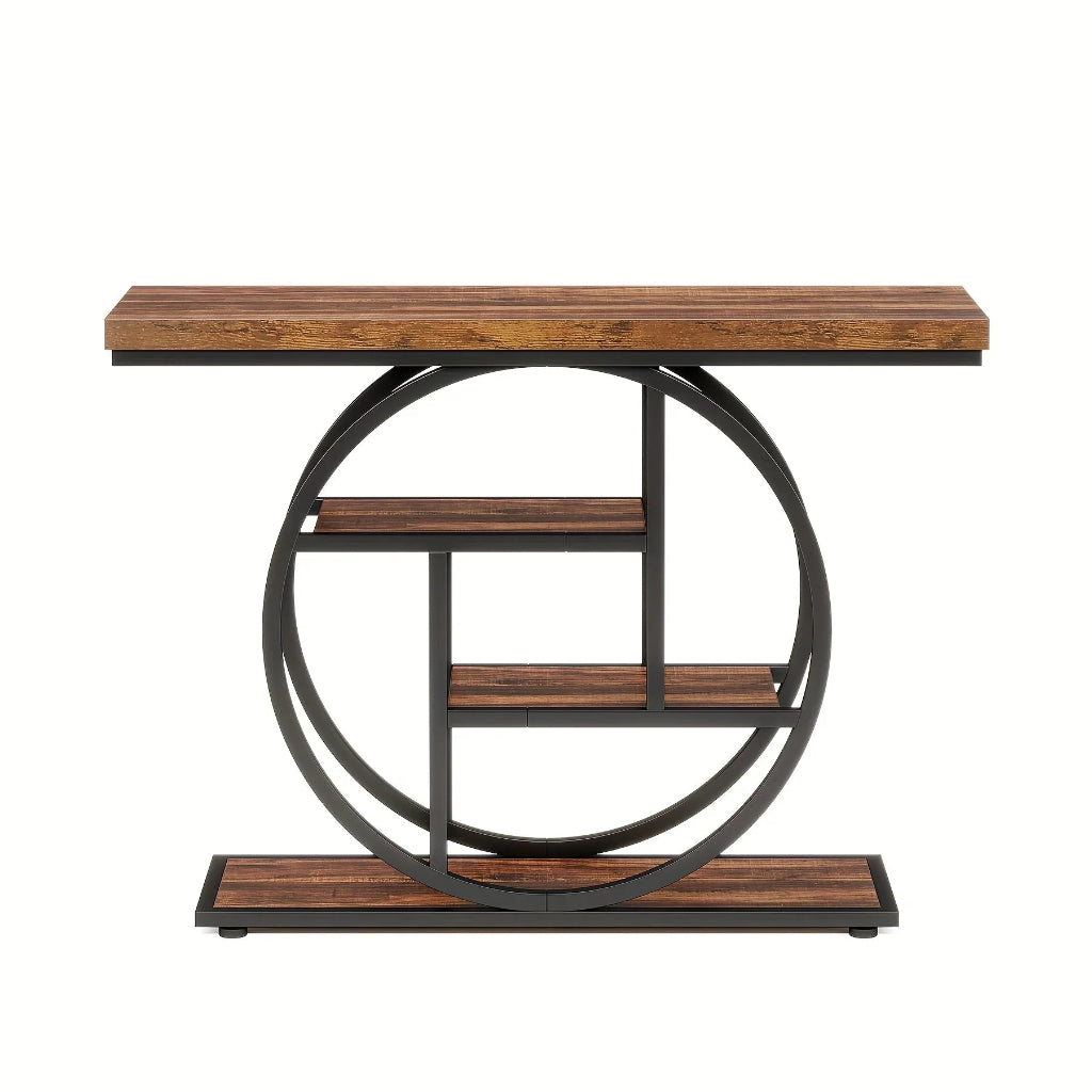 Industrial Console Table with 4-Tier Shelves and Round Base